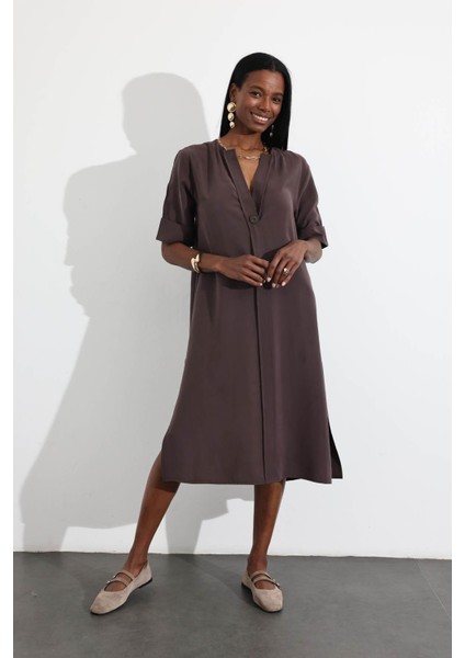 Acı Kahve Oversize Tek Düğmeli Elbise 16584