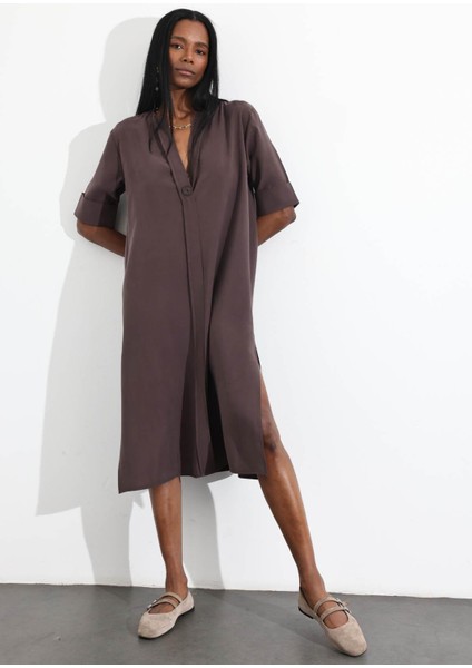 Acı Kahve Oversize Tek Düğmeli Elbise 16584