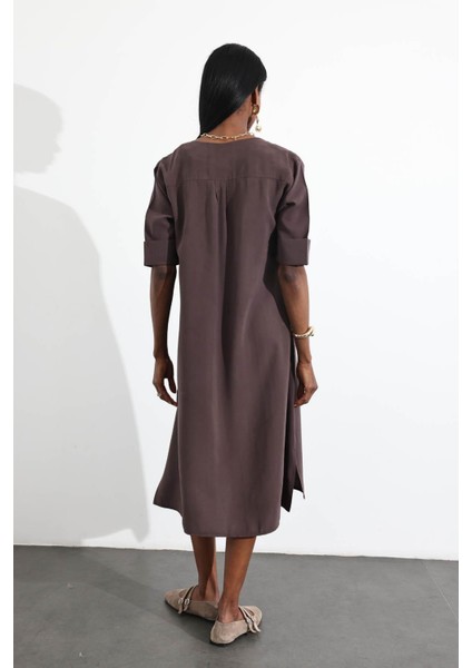 Acı Kahve Oversize Tek Düğmeli Elbise 16584