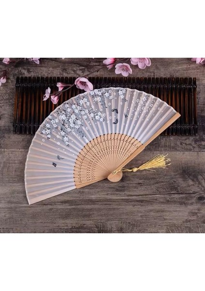 Yelpaze Bambu Kumaş Serinletici Vintage Şık Dekorasyon Püsküllü Japon Yelpaze 0273