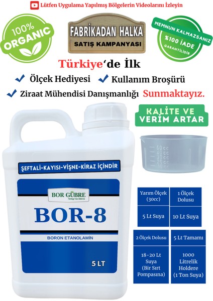 Şeftali-Kaysı-Vişne-Kiraz, İçin Gübre Bor-8- 5lt Kalite ve Verim Artar, Geliştirir