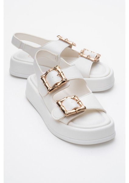 Slope Beyaz Çift Bantlı Kadın Düz Sandalet