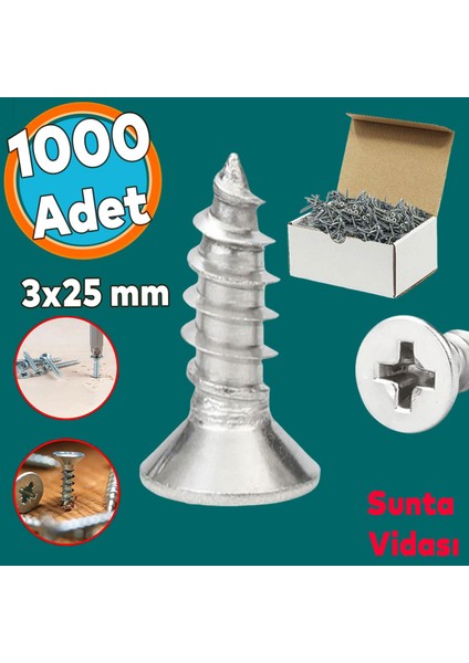 Sunta Vidası Sivri Uçlu Ahşap Tahta Ağaç Mobilya Ayak Kulp Vidası 3X25 mm Paket 1000 Adet