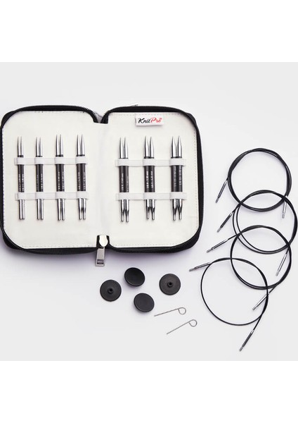 Knitpro Karbonz Deluxe Değiştirilebilir Misinalı Kısa Uçlu Şiş Seti + Balım Örgü Evi Şiş Ölçer 41632
