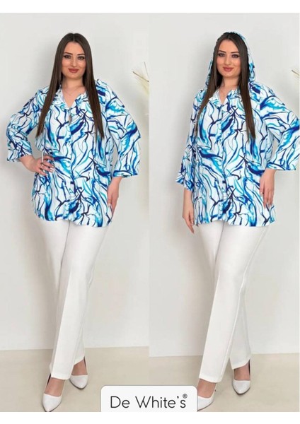 Büyük Beden Kapşonlu Empirme Baskılı Gömlek