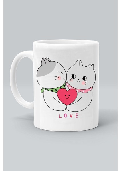 Sevgi Love Aşık Kediler Baskılı Beyaz Kupa Bardak