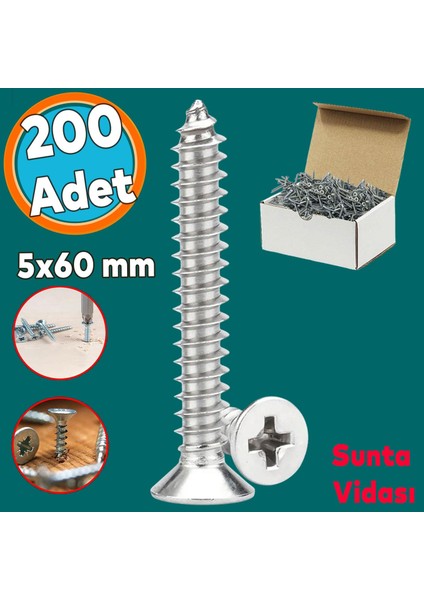 Sunta Vidası Sivri Uçlu Ahşap Tahta Ağaç Mobilya Ayak Kulp Vidası 5X60 mm Paket 200 Adet