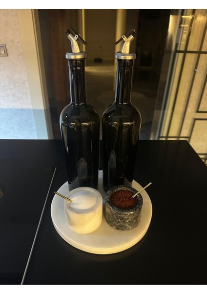 Luna Zeytin & Ayçiçek Yağı Için 800 ml Siyah Cam Şişe Seti Paslanmaz Kapaklı, Minimal Yağlık