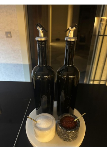 Luna Zeytin & Ayçiçek Yağı Için 800 ml Siyah Cam Şişe Seti Paslanmaz Kapaklı, Minimal Yağlık