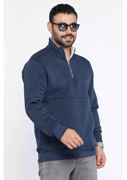 Yarım Fermuarlı Cepli Double Face Erkek Sweatshirt P-00013588