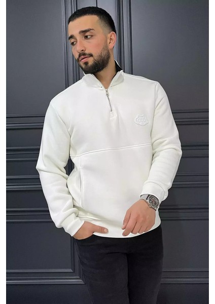Yarım Fermuarlı Cepli Double Face Erkek Sweatshirt P-00013588