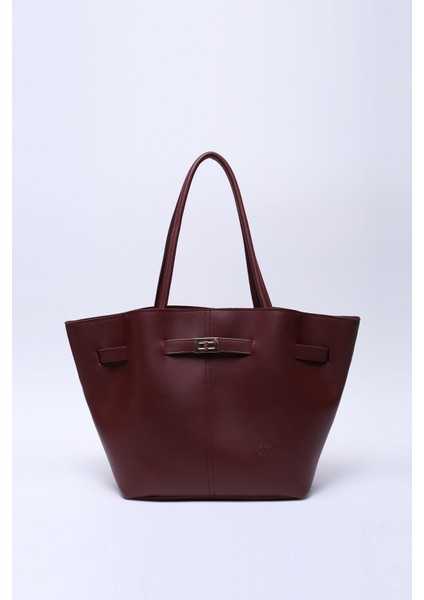 Bordo Shk159 Deri, Astarlı, Çıtçıtlı, Kilit Detaylı El, Kol Ve Omuz Çantası U:25 E:40 G:10 Cm