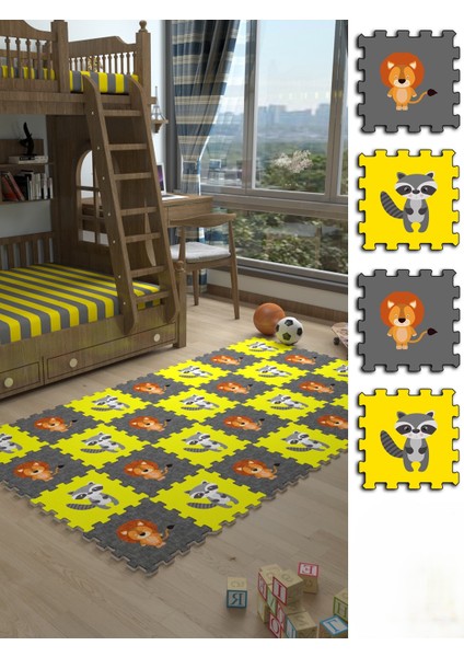Dijital Baskılı Aslan-Rakun Desenli Çocuk Bebek Odası Yapboz Puzzle Japon Halı