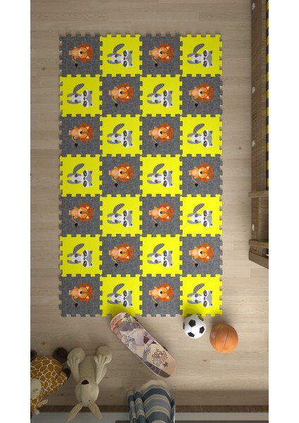 Dijital Baskılı Aslan-Rakun Desenli Çocuk Bebek Odası Yapboz Puzzle Japon Halı