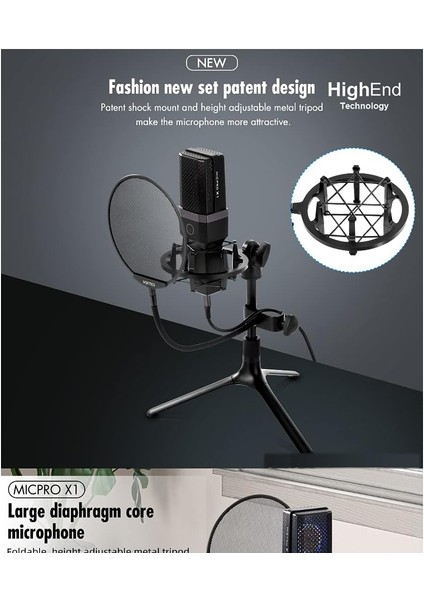 Profesyonel Stüdyo Mikrofon Kayıt Frekans Aralığı: 20Hz – 20KHZ Condenser Masaüstü Canlı Yayın Mikrofonu Pc Usb, Oyun, Podcast, Kayıt, Yayın, Mac, Winows ile Uyumlu X1