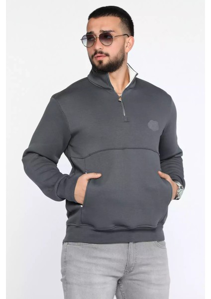 Yarım Fermuarlı Cepli Double Face Erkek Sweatshirt P-00013588