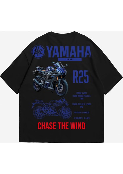 Yamaha R25 Tasarımlı Siyah Oversize Tişört Chase The Wind Swozz Özel Serisi