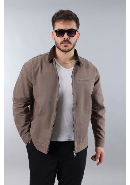 Erkek Regular Fit Yaka Garni Fermuarlı Vizon Kot Ceket