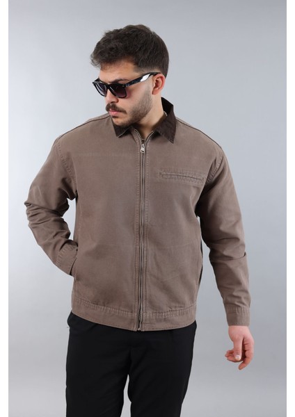 Erkek Regular Fit Yaka Garni Fermuarlı Vizon Kot Ceket fiyatları