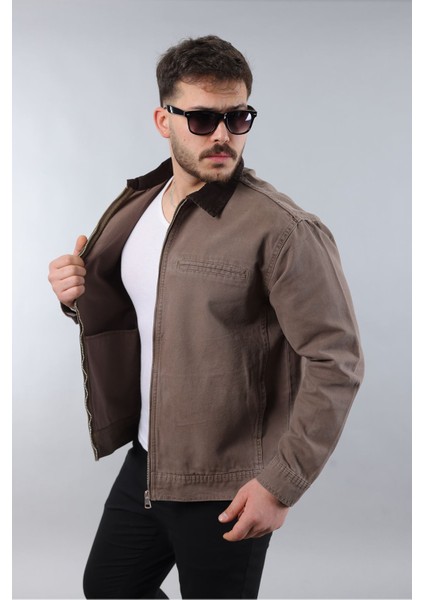 Erkek Regular Fit Yaka Garni Fermuarlı Vizon Kot Ceket modelleri