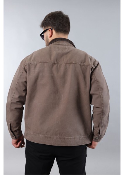 Erkek Regular Fit Yaka Garni Fermuarlı Vizon Kot Ceket fırsatları