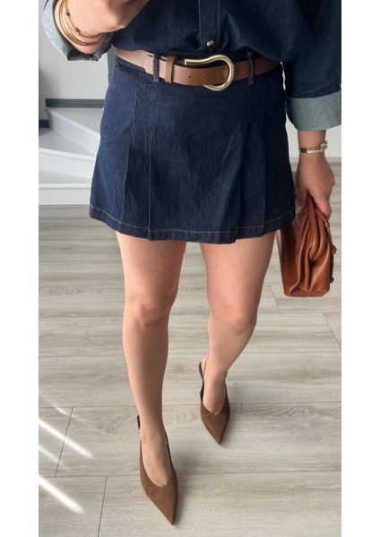 Denim Piliseli Şort Etek