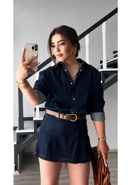 Denim Piliseli Şort Etek