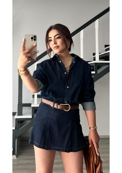 Denim Piliseli Şort Etek