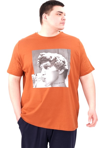 Mode Xl Büyük Beden Erkek T-Shirt Bisiklet Yaka Statue U25027 Tarçın