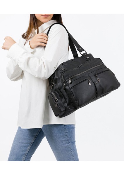 Kadın Siyah Yıkama Deri Çok Gözlü Omuz Ve Kol Çantası