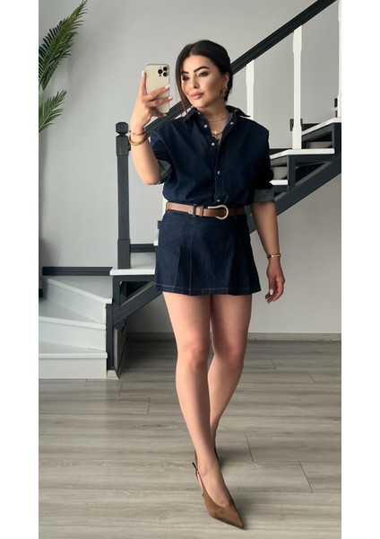 Denim Piliseli Şort Etek