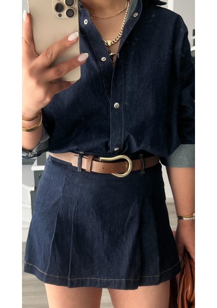 Denim Piliseli Şort Etek