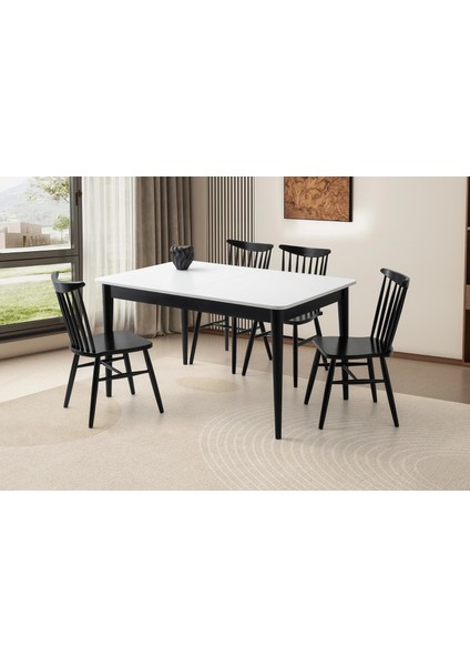 Fidan Beyaz Ahşap Salon Yemek Masa Sandalye Takımı 4 Diva Sandalyeli Ortadan Açılır Büyüyen 90 x 140 cm