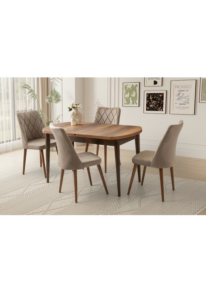 Ahşap Gizli Kaşıklık Bölmeli Salon Yemek Masa Sandalye Takımı 4 Nova Sandalyeli Ortadan Açılır Büyüyen