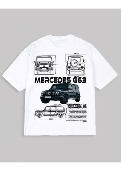 Beyaz Oversize Tişört Mercedes G63 Amg Teknik Çizim Baskılı – Araba Temalı Tasarım