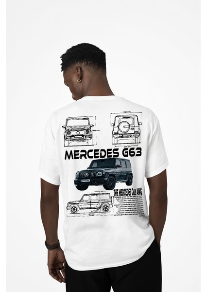 Beyaz Oversize Tişört Mercedes G63 Amg Teknik Çizim Baskılı – Araba Temalı Tasarım
