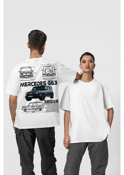 Beyaz Oversize Tişört Mercedes G63 Amg Teknik Çizim Baskılı – Araba Temalı Tasarım