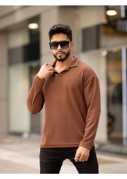 Slimfit Kesim Erkek Yakalı Uzun Kollu Sweatshirt-Kahve