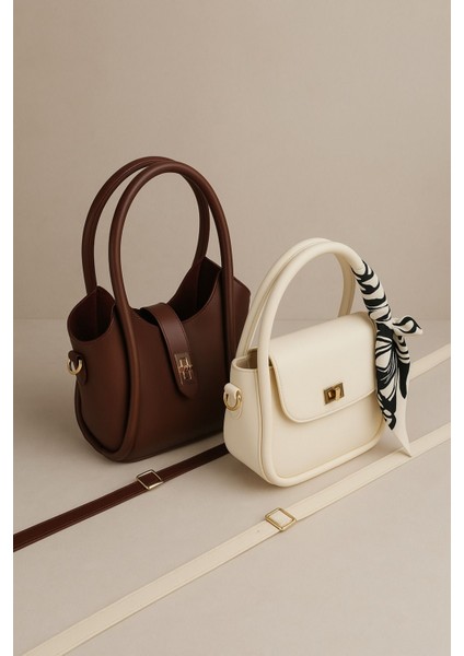 Kadın Bordo Krem Makyaj Çantalı Fular Hediyeli 2'Li El Omuz Ve Çapraz Çanta Seti Zoimona