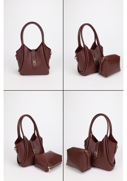 Kadın Bordo Krem Makyaj Çantalı Fular Hediyeli 2'Li El Omuz Ve Çapraz Çanta Seti Zoimona fiyatları