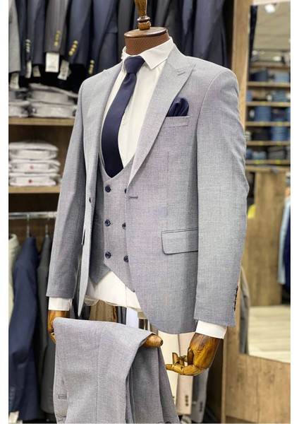 Slimfit Kesim Armur Desen Erkek Yelekli Takim Elbise-Buz Mavisi fiyatları