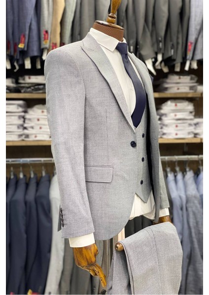 Slimfit Kesim Armur Desen Erkek Yelekli Takim Elbise-Buz Mavisi modelleri