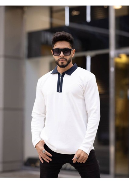 Slimfit Kesim Erkek Renk Yakalı Uzun Kollu Sweathsirt-Beyaz