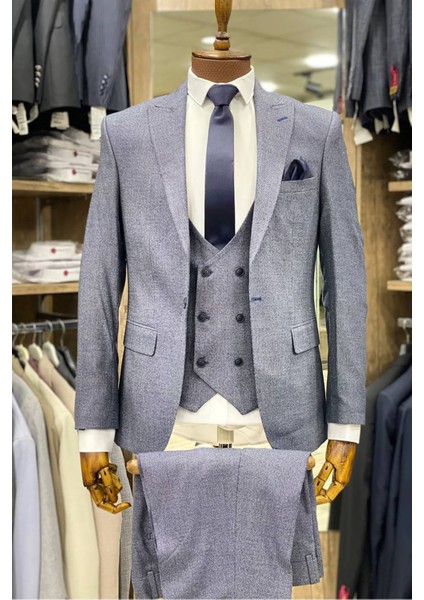 Slimfit Kesim Armur Desen Erkek Yelekli Takim Elbise-Indıgo