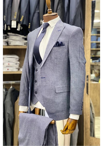 Slimfit Kesim Armur Desen Erkek Yelekli Takim Elbise-Indıgo modelleri