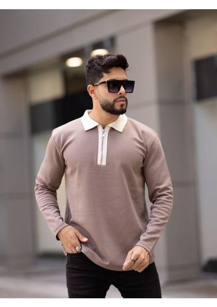Slimfit Kesim Erkek Renk Yakalı Uzun Kollu Sweathsirt-Kahve