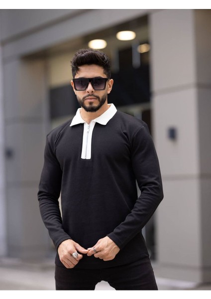 Slimfit Kesim Erkek Renk Yakalı Uzun Kollu Sweathsirt-Siyah