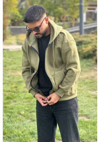 Slimfit Kesim Kapşonlu Fermuarlı Sardonlu Swetshirt-Haki fırsatları