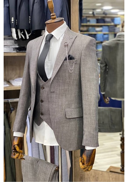 Slimfit Kesim Desenli Erkek Yelekli Takim Elbise-Krem fiyatları