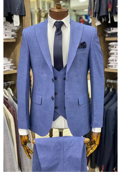 Slimfit Kesim Desenli Erkek Yelekli Takim Elbise-Mavi